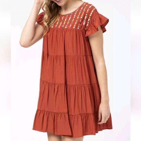 Entro Rust Red Tiered Dress with Colorful Rainbow Embroidered Stripes Small - Picture 1 of 9